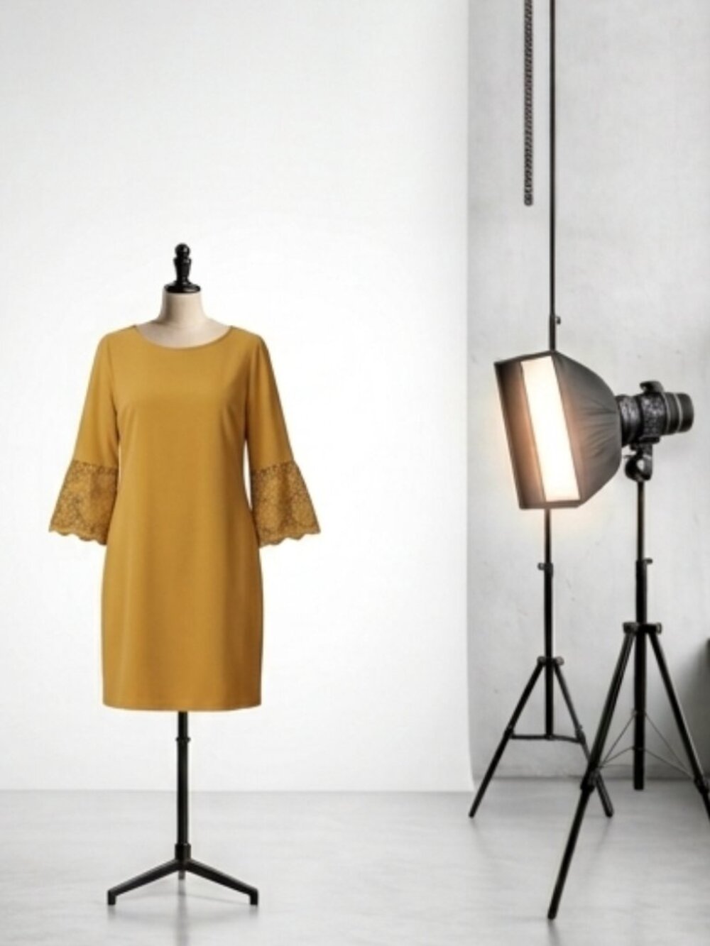 Sharagano Mustard Midi Dress with Lace Bell Sleeves. Size 14